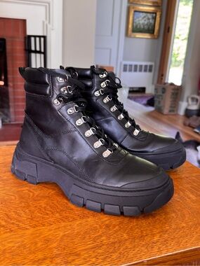 Mango Black Leather Lace-Up Platform Ankle Boots